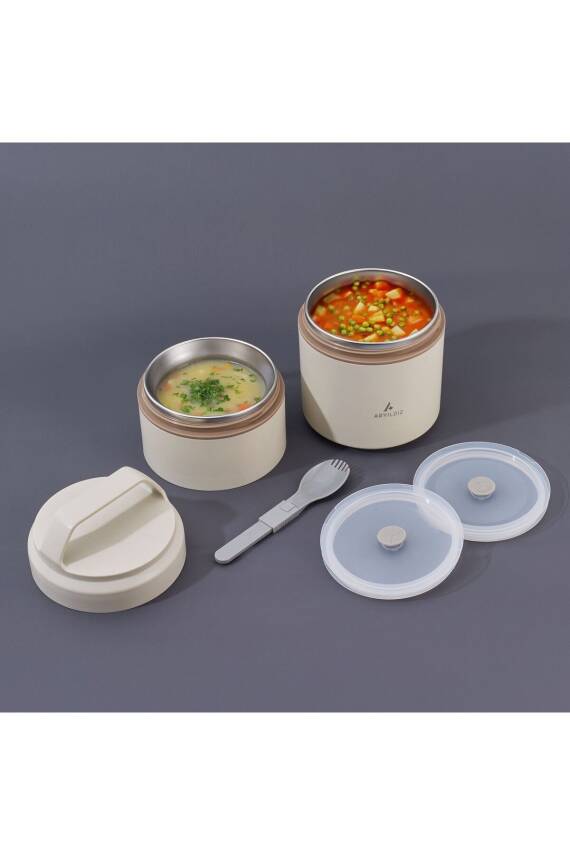 Bento Yuvarlak 2 Katlı Lunch Box Yemek Termosu Bej 1200 ml - 1